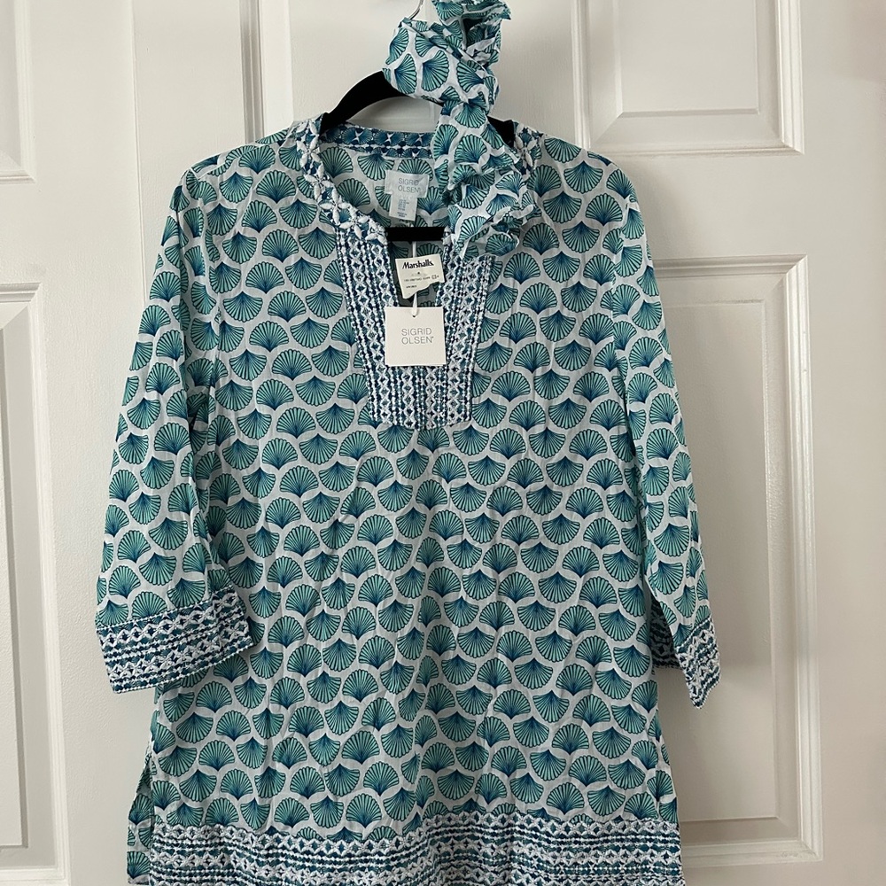 Sigrid Olsen Teal and White Shell Pattern Tunic with Headband